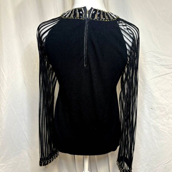 Belldini Jeweled Sheer Sleeve Pullover Blouse Womens Zip Linen Black Long Sleeve - Picture 6 of 8